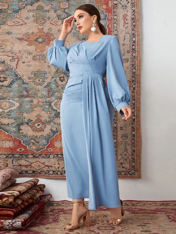 Elegant Plain Split Long Sleeve Square Neck Slit High Waist Long Plus Size Dress