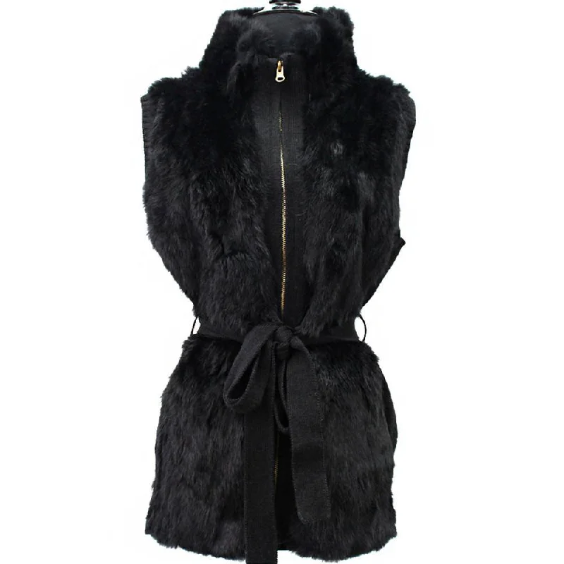 Belted Rabbit Fur Front Vest-Black