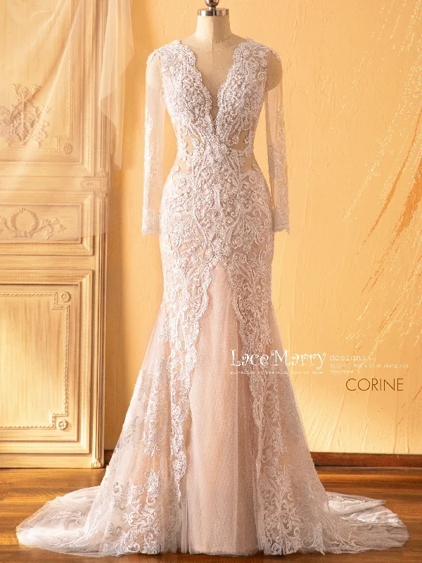 CORINE / Lace Wedding Dress with Illusion Slit on the Skirt