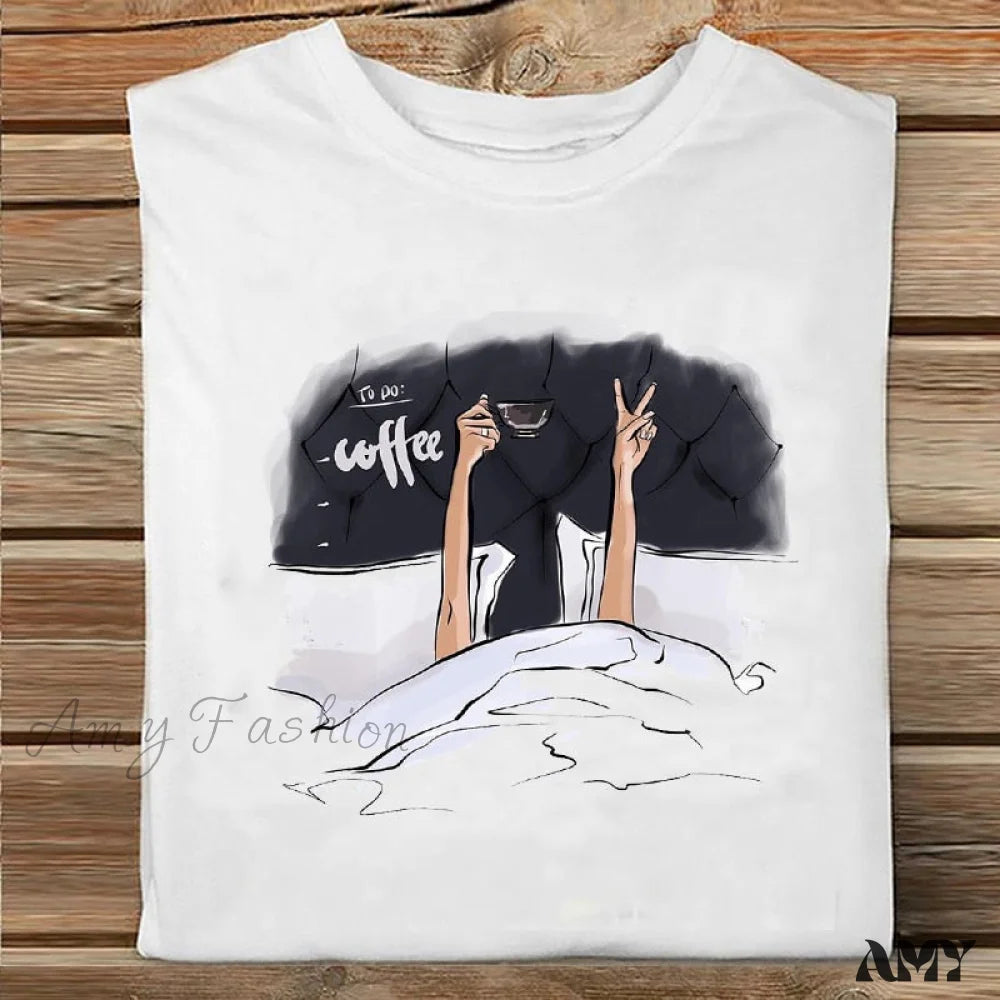 Amy Fashion - Coffee Love Cartoon Printing Clothes Tshirt