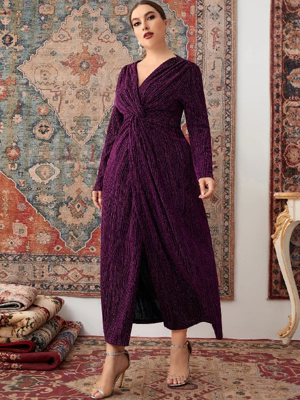 Modest Plain Twist Long Sleeve V Neck Flared High Waist Long Plus Size Dress