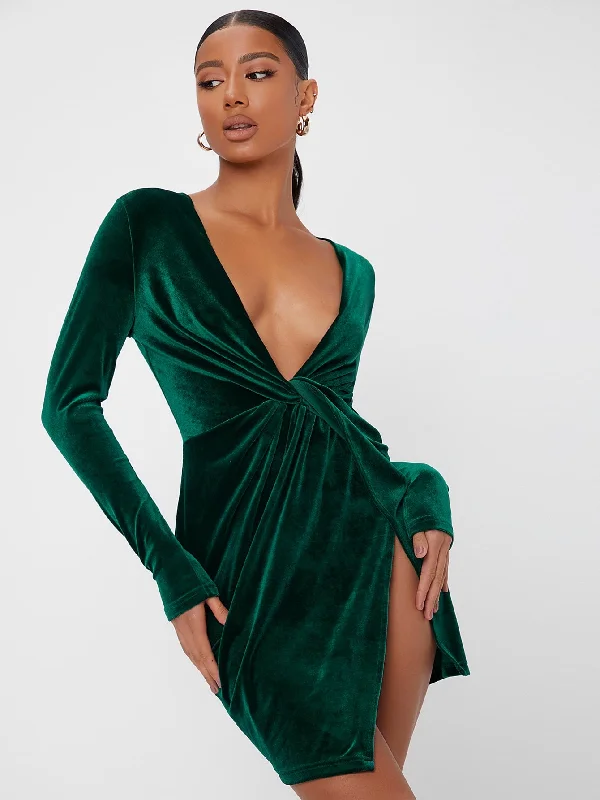 Plain Split Thigh Long Sleeve Deep V Neck Wrap High Waist Mini Dress