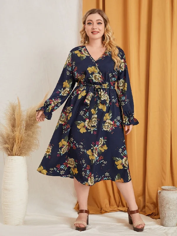 Boho Floral Wrap Long Sleeve V Neck Flared High Waist Midi Plus Size Dress