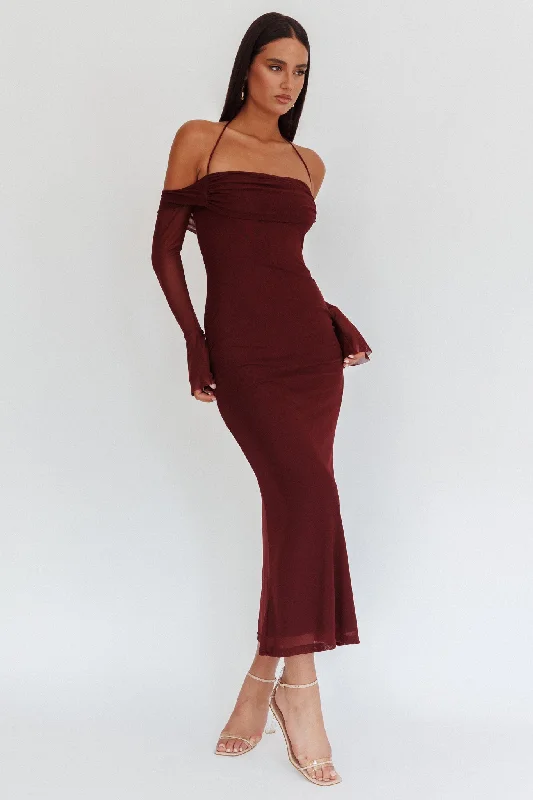 Numbers Game Off-Shoulder Halter Maxi Dress Chocolate