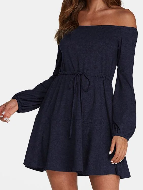 Wholesale Navy Off The Shoulder Long Sleeve Plain Mini Dress