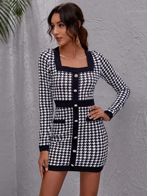 Houndstooth Button Front Long Sleeve Square Neck Pencil High Waist Short Dress