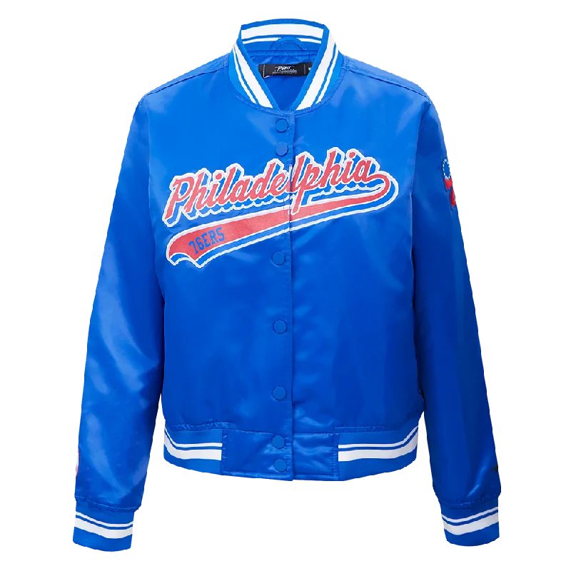 NBA PHILADELPHIA 76ers SCRIPT TAIL WOMEN'S SATIN JACKET (ROYAL BLUE)