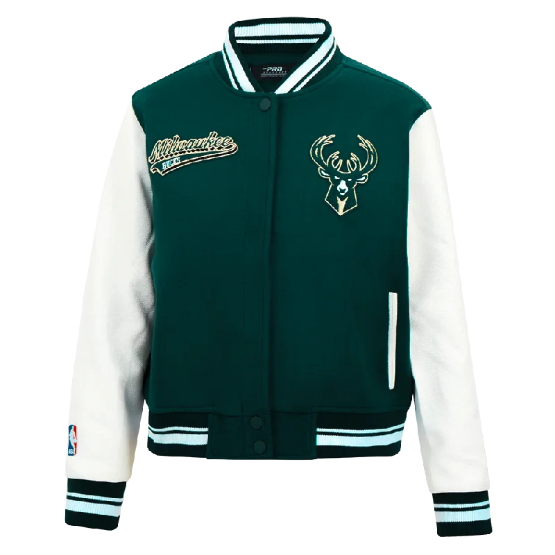 NBA MILWAUKEE BUCKS SCRIPT TAIL WOMEN'S WOOL VARSITY JACKET (FOREST GREEN/WHITE)