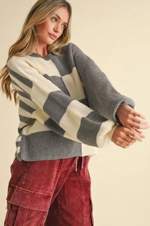 Check and Stripe Pullover Sweater: Grey