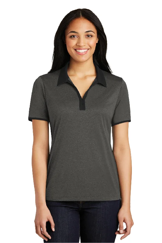 Sport-Tek Womens Heather Contender Moisture Wicking Short Sleeve Polo Shirt - Heather Graphite Grey/Black - Closeout