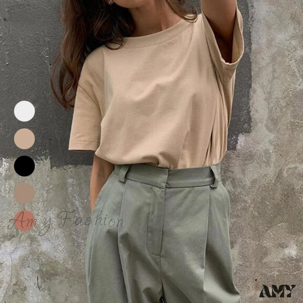 Amy Fashion - Solid Casual Loose Korean O Neck Tops