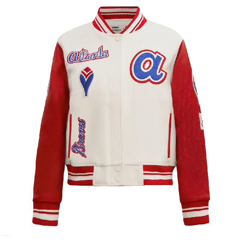 MLB ATLANTA BRAVES RETRO CLASSIC WOMEN'S RIB WOOL VARSITY JACKET (EGGSHELL/ RED)