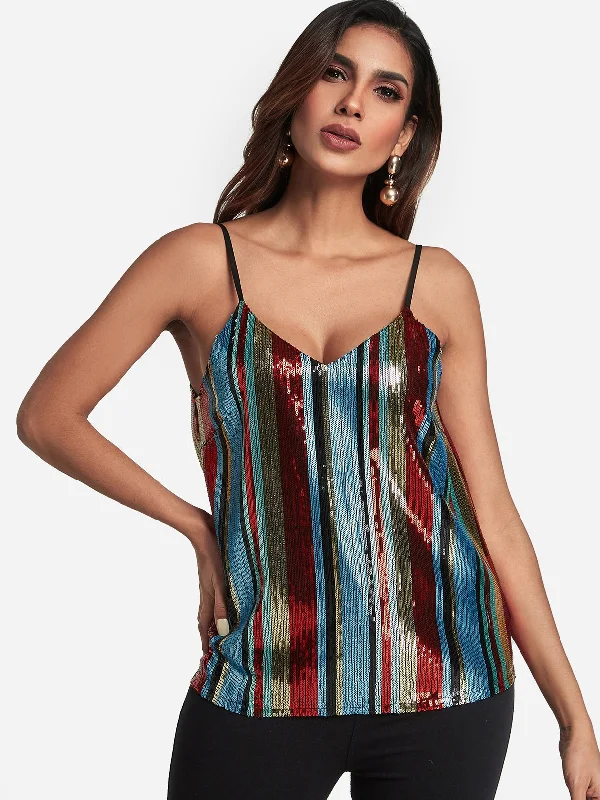 Custom V-Neck Stripe Sequins Embellished Sleeveless Camis