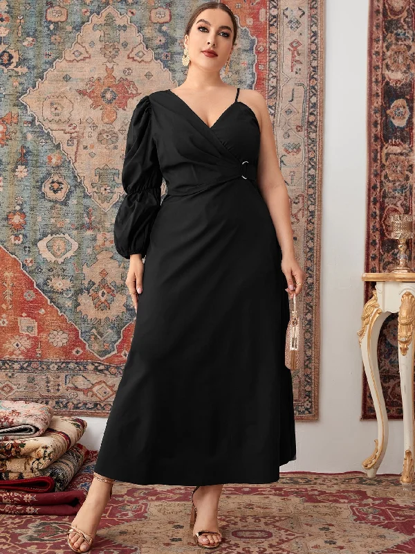 Glamorous Plain Wrap Long Sleeve Asymmetrical Neck Flared High Waist Maxi Plus Size Dress