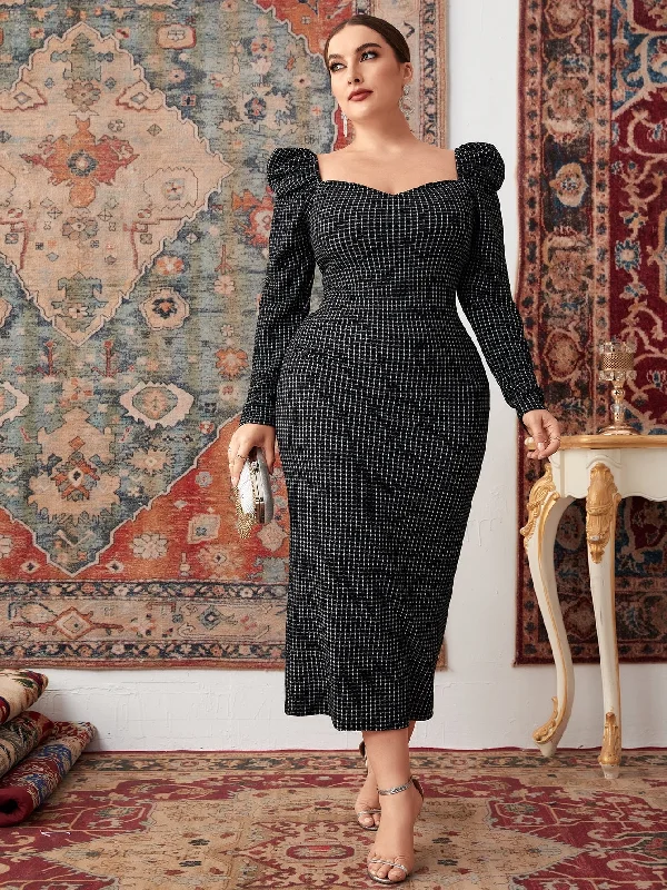 Elegant Plaid Split Long Sleeve Sweetheart Pencil High Waist Long Plus Size Dress