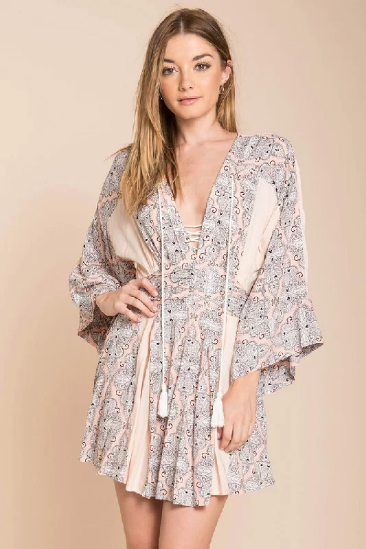 Brielle Bell Sleeve Summer Dress Peach Print