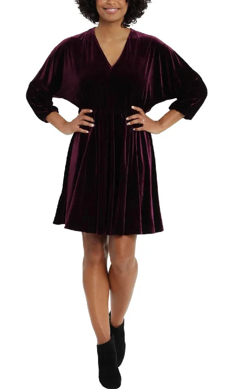 London Times T5911M - Long Sleeve Velvet Short Dress