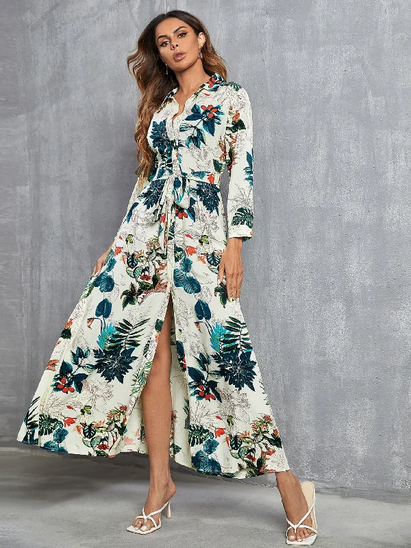 Tropical Button Front Long Sleeve Collar Straight High Waist Maxi Dress