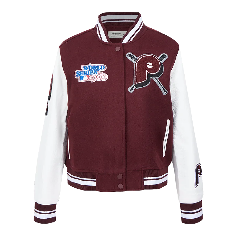 MLB PHILADELPHIA PHILLIES MASHUP WOMEN'S RIB WOOL VARSITY JACKET (WINE/WHITE)