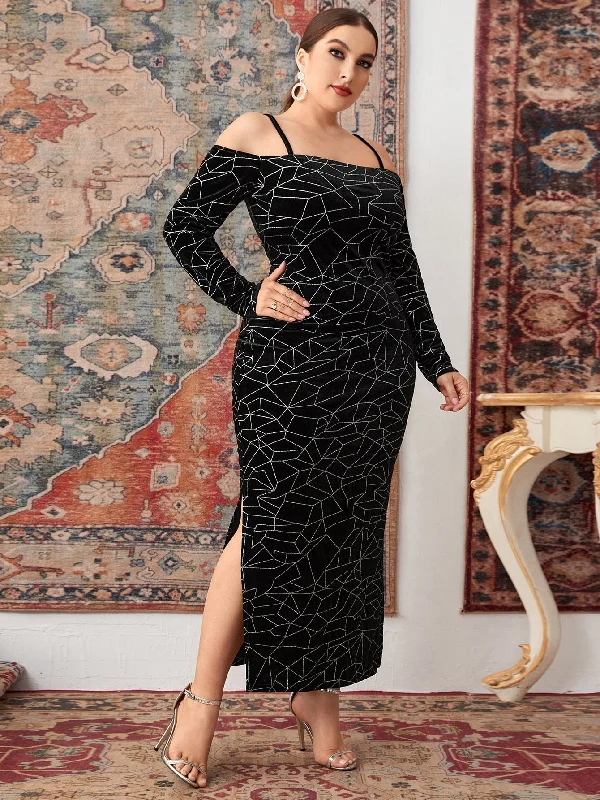 Elegant Geometric Split Thigh Long Sleeve Cold Shoulder Slit High Waist Long Plus Size Dress