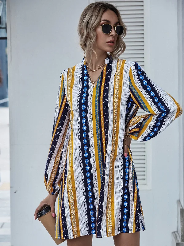 Tribal Long Sleeve Notched Straight Natural Short Dress