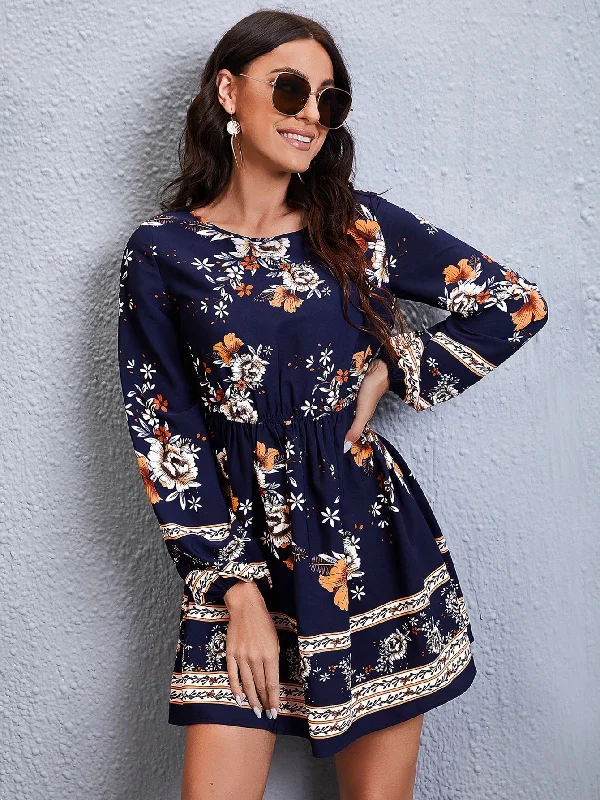 Floral Long Sleeve Round Neck Flared High Waist Short Womens Dress