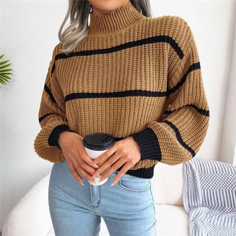 TastyHottie - Women's Fashion Casual Striped Balloon Sleeve Turtleneck Sweater