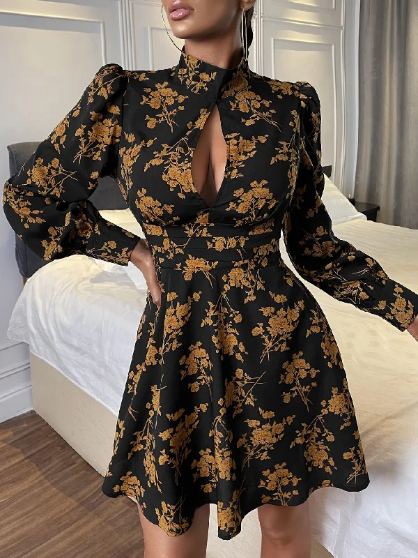 All Over Print Cut Out Long Sleeve Stand Collar Flared High Waist Short Dress