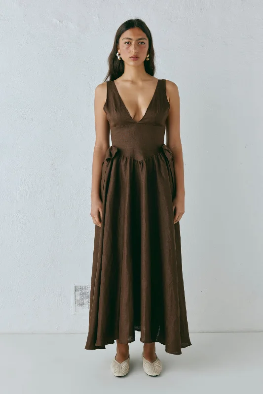 Daphne Linen Midi Dress Chocolate