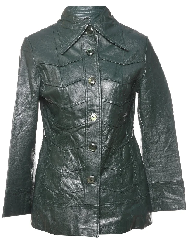 Dark Green 1970s Dagger Collar Leather Jacket - M