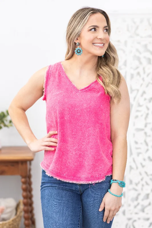 Hot Pink Washed Linen Frayed V-Neck Top