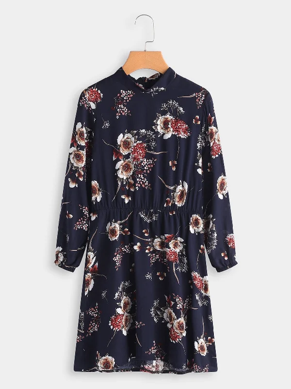 Wholesale Navy Long Sleeve Floral Print Mini Dress