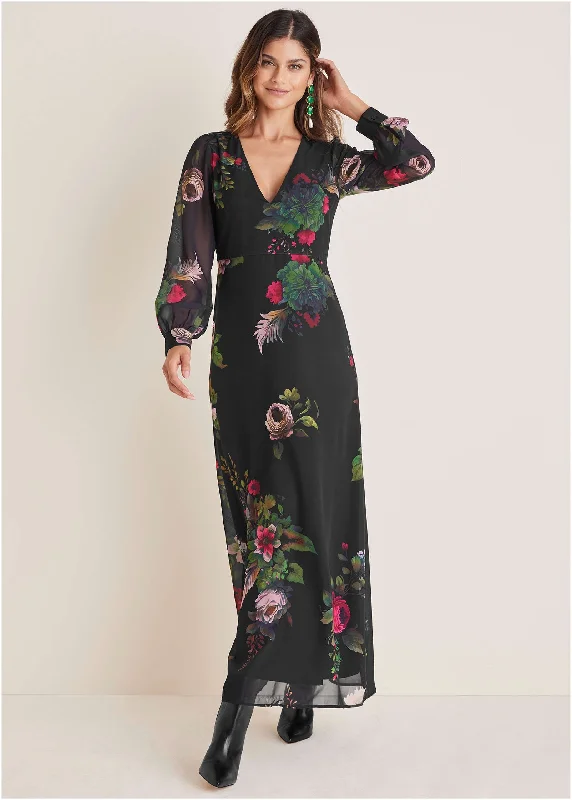 V-Neck Floral Maxi Dress - Black Multi