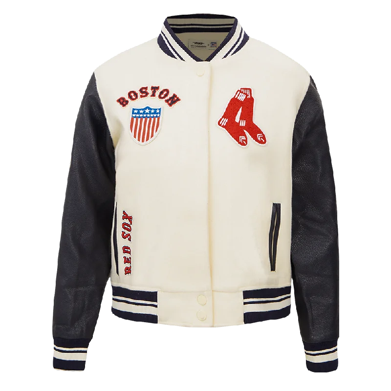 MLB BOSTON RED SOX RETRO CLASSIC WOMEN'S RIB WOOL VARSITY JACKET (EGGSHELL/ MIDNIGHT NAVY)