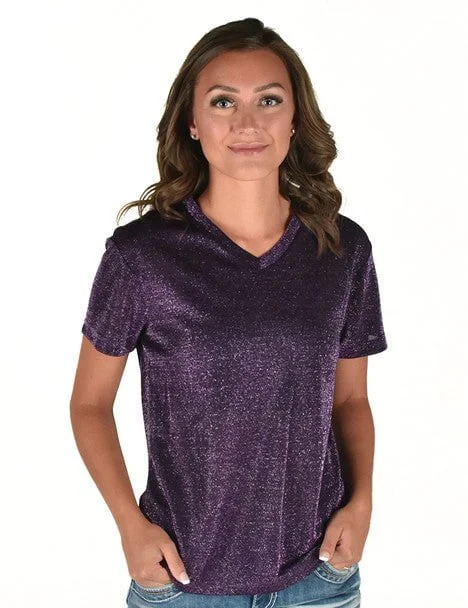 Cowgirl Tuff Womens Shimmer Breathe V Purple Nylon S/S T-Shirt