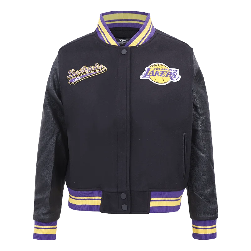 NBA LOS ANGELES LAKERS SCRIPT TAIL WOMEN'S WOOL VARSITY JACKET (BLACK/PURPLE)