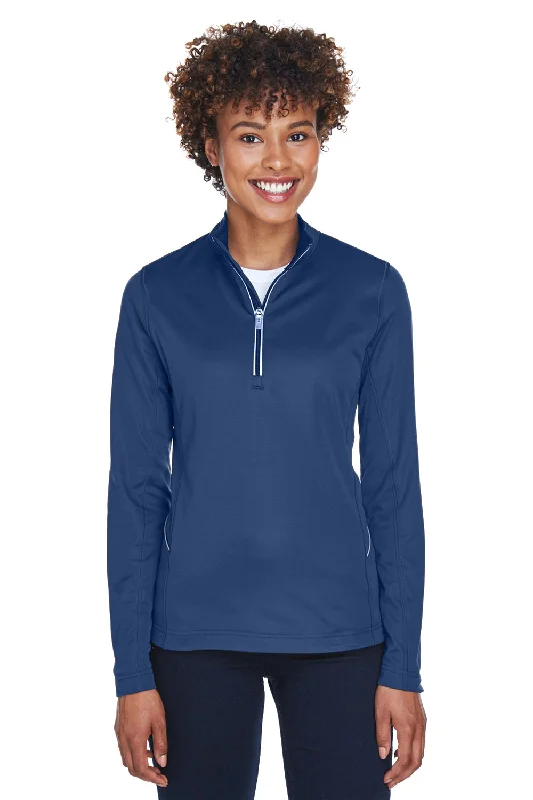 UltraClub Womens Cool & Dry Moisture Wicking 1/4 Zip Sweatshirt w/ Pocket - Navy Blue