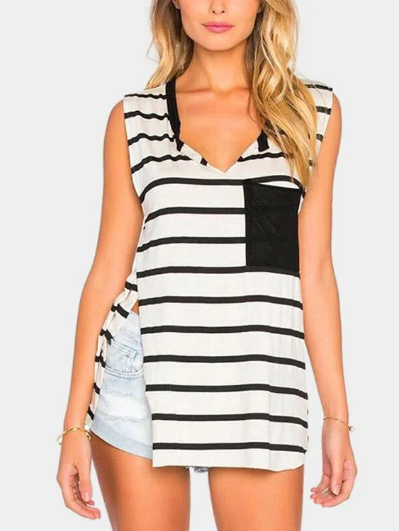 Wholesale V-Neck Sleeveless Stripe Slit Hem Camis