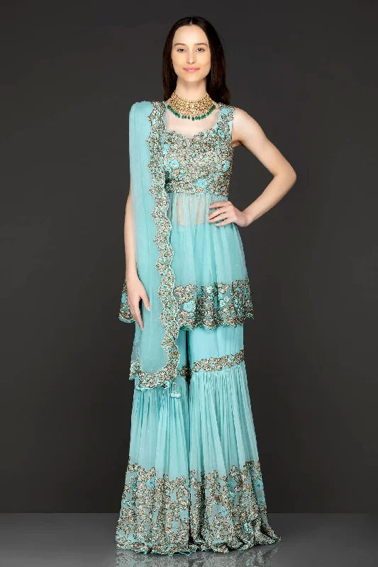 Sky Blue Peplum Net Top With Georgette Sharara And Net Dupatta