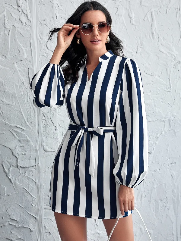 Striped Belted Long Sleeve Notched Straight Natural Short Dress