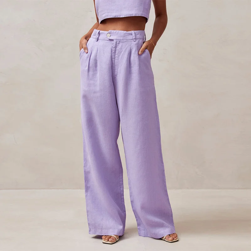 High Waist Solid Color Pleated Linen Pants (3 colors)