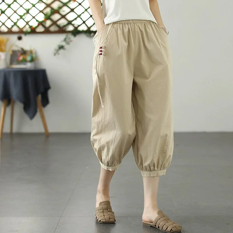 Autumn Retro Mid Calf Solid Cototn Pants