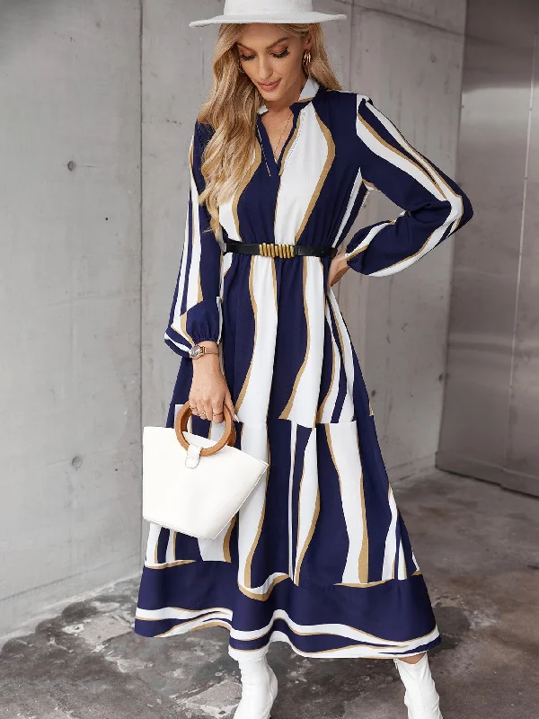 Colorblock Long Sleeve Notched Flounce High Waist Long Dress