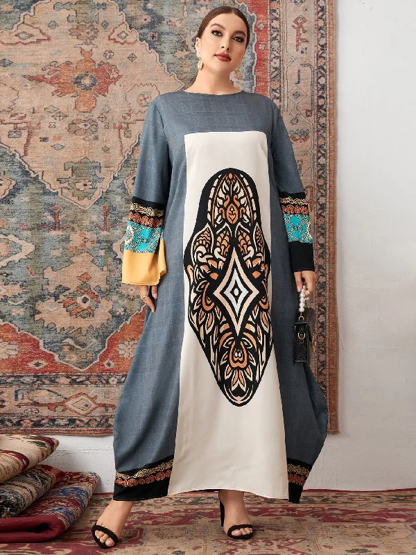 Modest Tribal Long Sleeve Round Neck Straight Natural Maxi Plus Size Dress