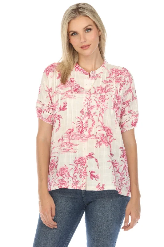 Johnny Was Pink Firebird Pleated Button Down Blouse Boho Chic R11224