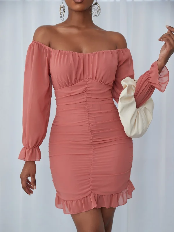 Plain Ruched Bust Long Sleeve Off The Shoulder Pencil High Waist Mini Dress