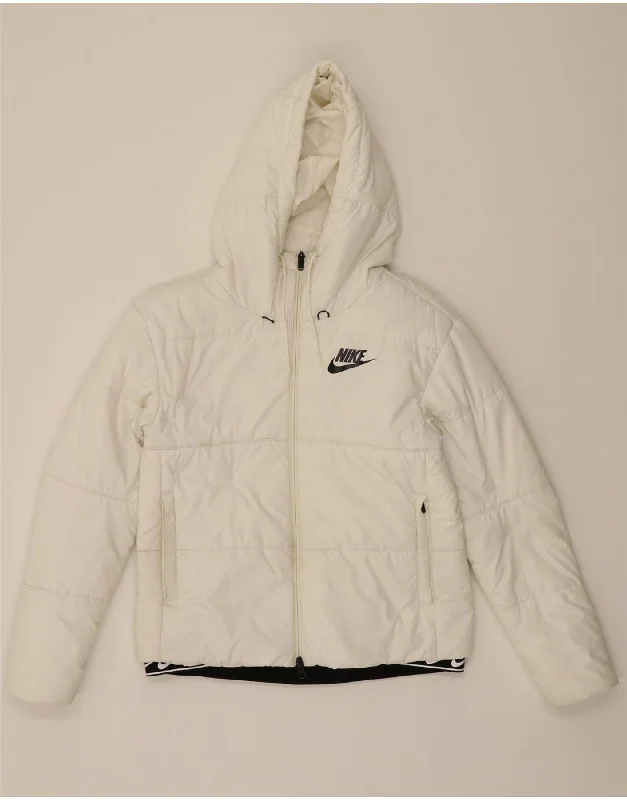 NIKE Womens Graphic Hooded Padded Jacket UK 10 Small White Polyester