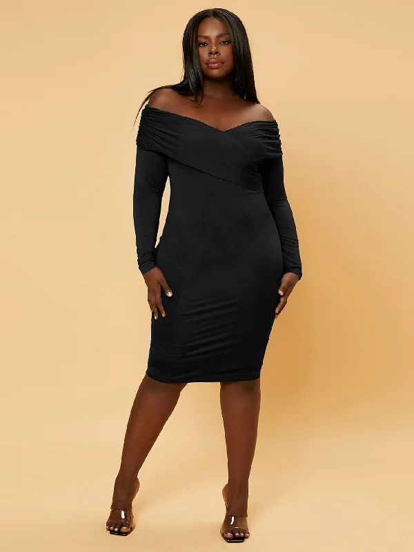 Elegant Plain Ruffle Long Sleeve Off The Shoulder Pencil Natural Knee Length Plus Size Dress