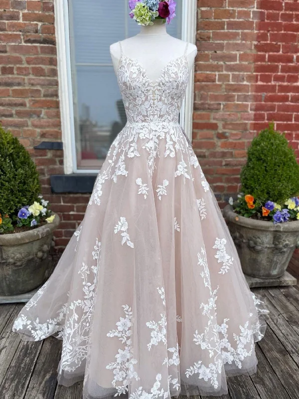 Champagne  V Neck Tulle Lace Long Prom Dress, Lace Tulle Formal Dress