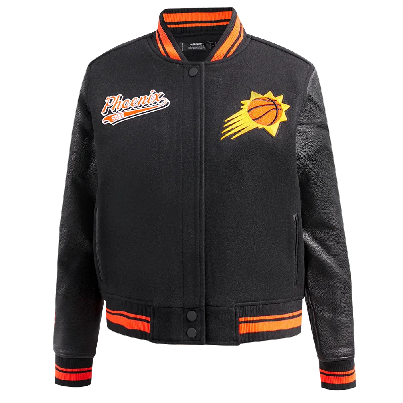 NBA PHOENIX SUNS SCRIPT TAIL WOMEN'S WOOL VARSITY JACKET (BLACK/ORANGE)